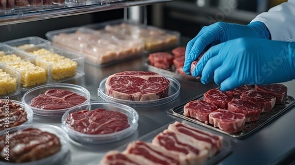 Fototapeta Fresh meat selection in a food preparation area with gloves on.