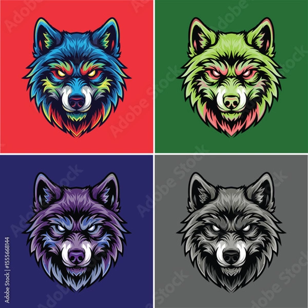 Fototapeta Set of intense wolf head vector illustrations, detailed animal mascot design with color variations for t-shirt print