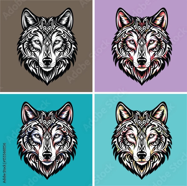 Fototapeta Set of ornamental wolf head illustrations in tribal tattoo style, vector mascot logo design with color variations