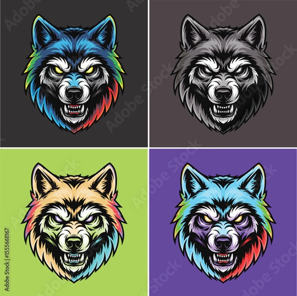 Fototapeta Set of intense wolf head vector illustrations, detailed animal mascot design with color variations for t-shirt print