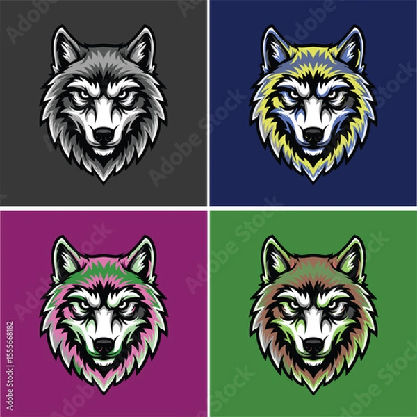 Fototapeta Set of intense wolf head vector illustrations, detailed animal mascot design with color variations for t-shirt print