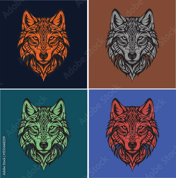 Fototapeta Set of ornamental wolf head illustrations in tribal tattoo style, vector mascot logo design with color variations