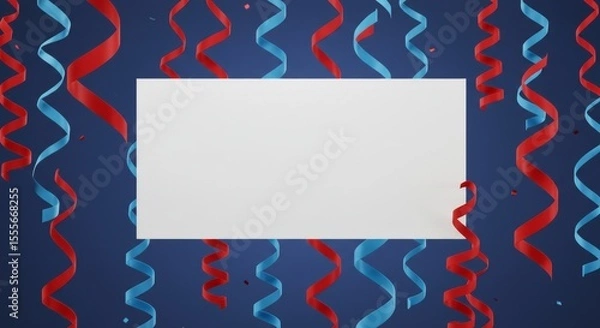 Obraz Clean Banner Frame with Hanging Red and Blue Ribbons