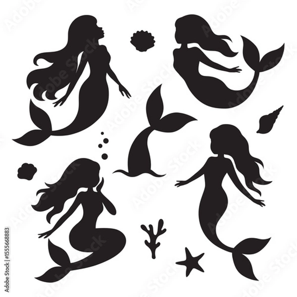 Fototapeta Mermaids, seashells, and mermaid tail silhouette shape vector illustration set.
