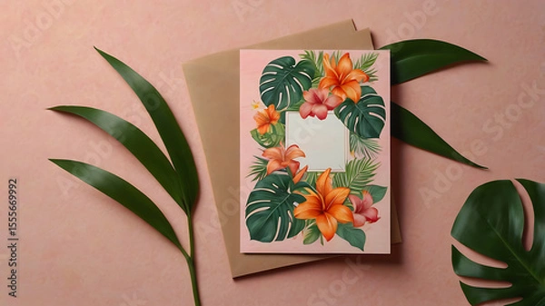 Fototapeta A high-resolution pastel-themed tropical card mockup scene featuring a soft pink and orange background with tropical design elements subtly blended in. In the foreground, place a rustic vintage wooden