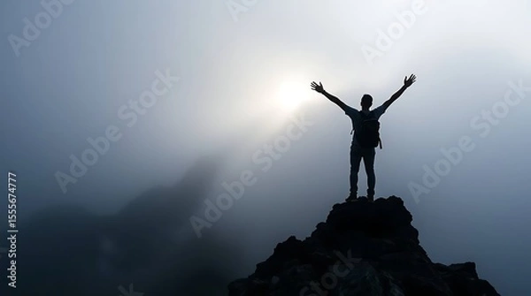 Fototapeta The person is atop a rocky, jagged mountain peak, arms raised in a gesture of exaltation.