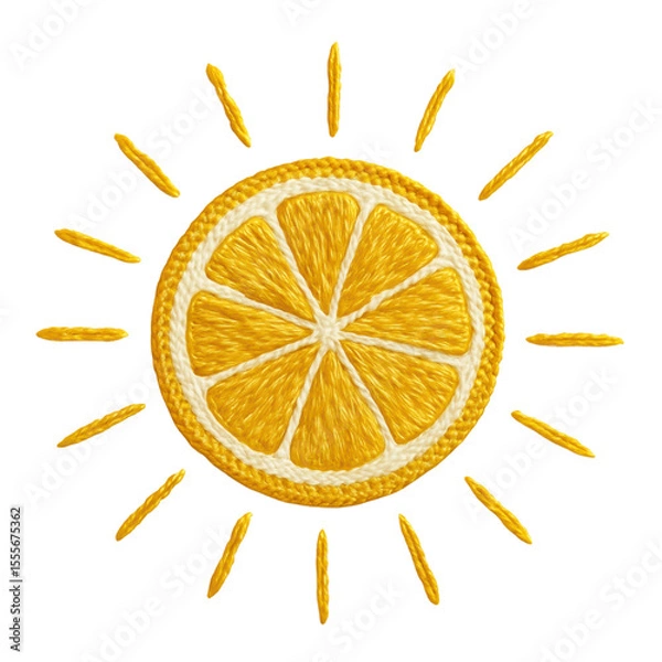 Fototapeta A vibrant embroidered lemon slice designed as a sunny emblem, perfect for summer themes, fresh concepts, and cheerful designs.