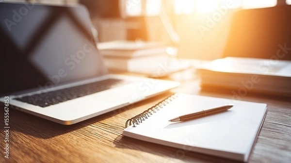Fototapeta Notebook, pen, and laptop on a wooden desk flooded with sunlight