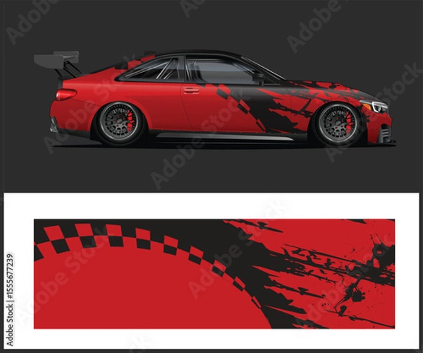 Obraz Red Racing Car Wrap Design with Checkered Flag