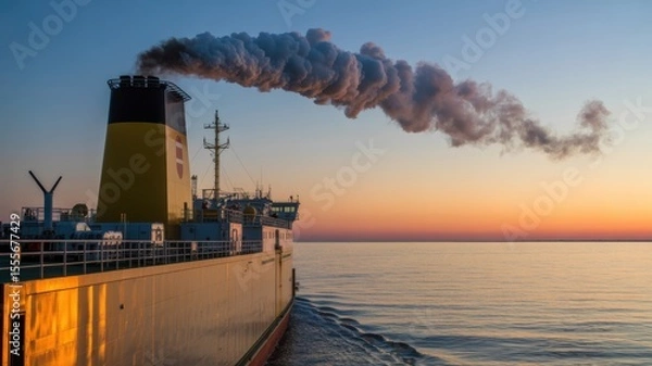 Obraz Cargo ship at sunset with smokestack emissions on calm sea