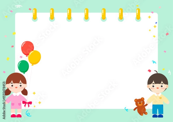 Obraz 귀여운 소년과 소녀가 그려진 스프링 노트 배경 일러스트 디자인. 벡터 일러스트레이션.