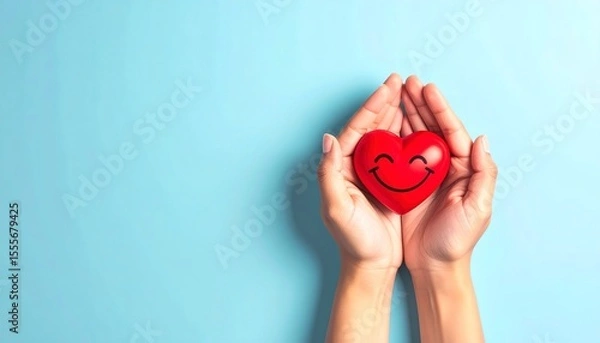 Fototapeta Hand presents a happy red heart character on pastel blue backdrop, vintage filter and open space.