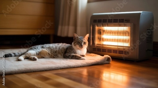 Obraz Cozy cat relaxing by heater on warm carpet in sunlit room