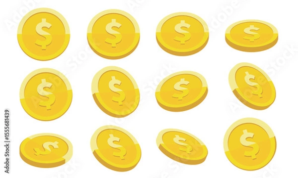 Obraz Gold coin with dollar sign rotation vector illustration set isolated on white background. Business and finance concept design element. Gold coins of different shapes. Dollar coins rotating