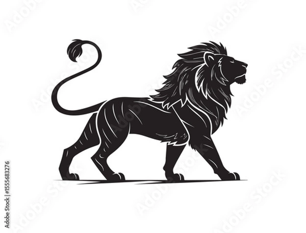 Fototapeta Black silhouette of a lion in side view with curled tail, bold and strong flat vector style, powerful wild animal symbol in simple graphic form, isolated PNG on white background

