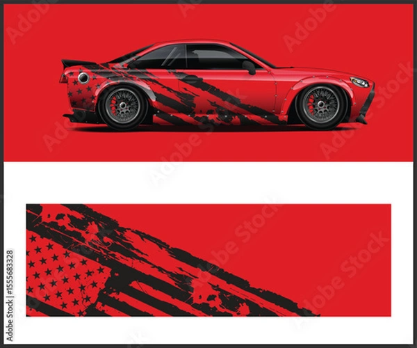 Fototapeta Red Car Wrap Design with American Flag Style Decal