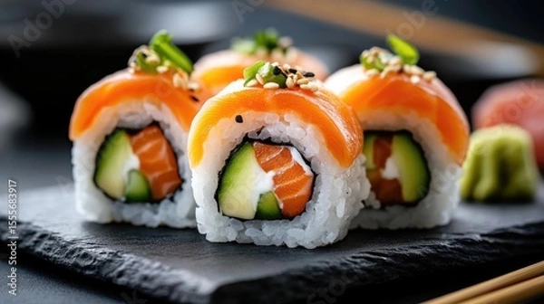 Fototapeta Soy enhances the taste of avocado and salmon sushi rolls, balancing flavors.