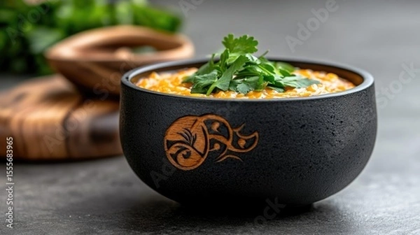 Fototapeta Creamy saffron risotto with parsley on top. Each bite a blend of smooth richness and subtle herbs.