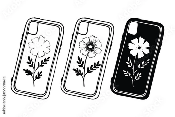 Fototapeta Three stylized phone cases showcase floral designs in a simple black and white line art illustration.