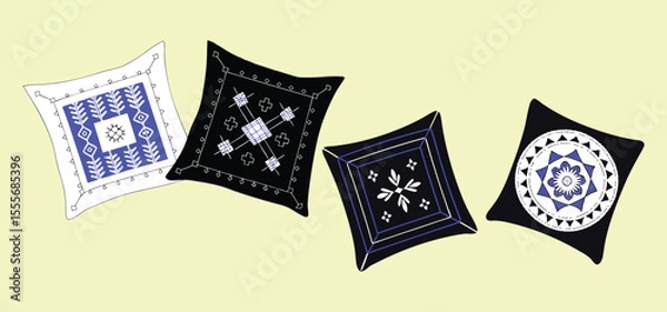 Fototapeta Decorative cushions with geometric patterns in contrasting colors offering a stylish and artistic representation for design projects
