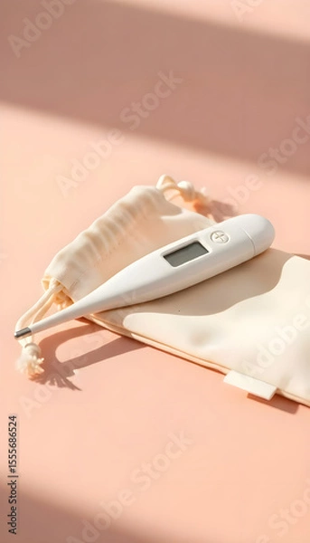 Fototapeta Thermometer placed on beige cloth pouch on table with pink background  