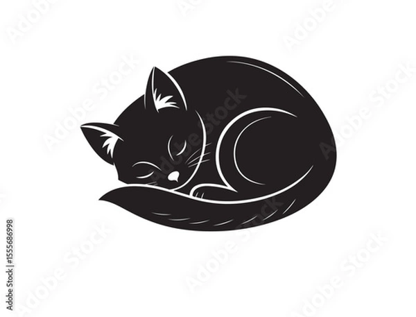 Fototapeta Black silhouette of a curled-up sleeping cat in simple line-free form, peaceful and minimal vector animal design, isolated on white background in clean flat PNG format for graphic use