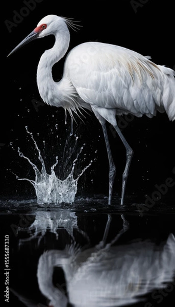 Fototapeta A white crane with red markings on its head, standing in water, creating ripples and reflections against a dark background. AI generated.