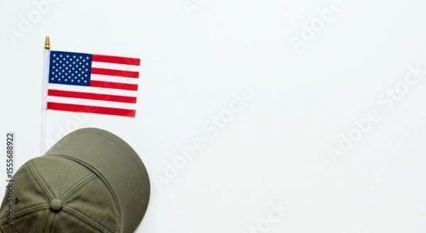Obraz A flat lay composition of a military-style veteran cap placed beside a carefully laid small U.S. flag on a white background.