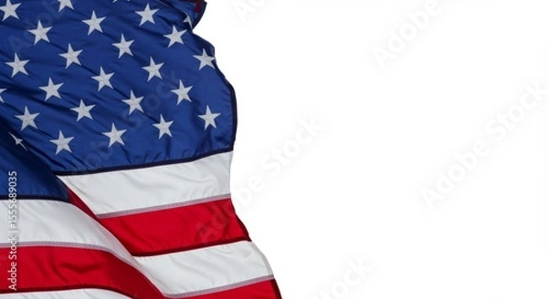 Obraz Corner of an American flag blowing gently in wind motion, captured close-up against an all-white background.