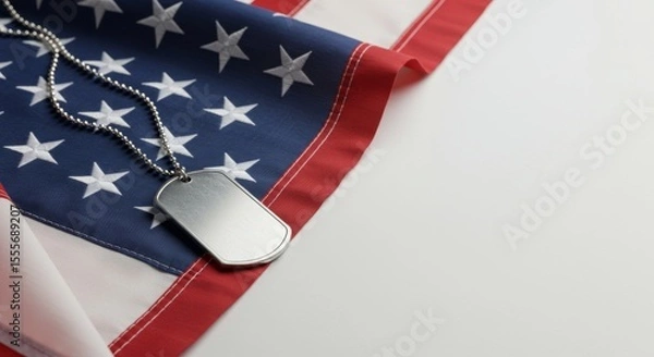 Obraz Silver military dog tag necklace placed on top of a flat, half-unfurled American flag on a clean white background. 