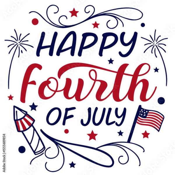 Fototapeta Happy fourth of july design with american flag, fireworks, and decorative swirls in red and blue
