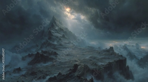 Obraz Dark fantasy landscape with mountain peaks emerging from fog under cloudy sky