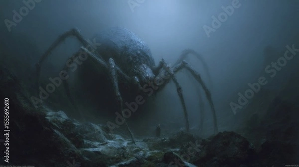 Fototapeta Giant spider emerging from fog in dark fantasy world