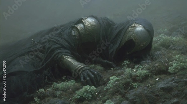 Fototapeta Fallen dark warrior lying on mossy ground in fog
