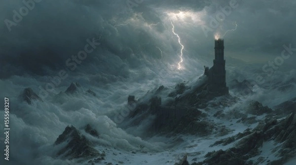 Obraz Lightning striking dark fantasy tower on mountain peak