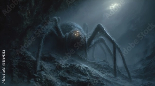 Obraz Giant spider lurking in dark fantasy cave illuminated by moonlight
