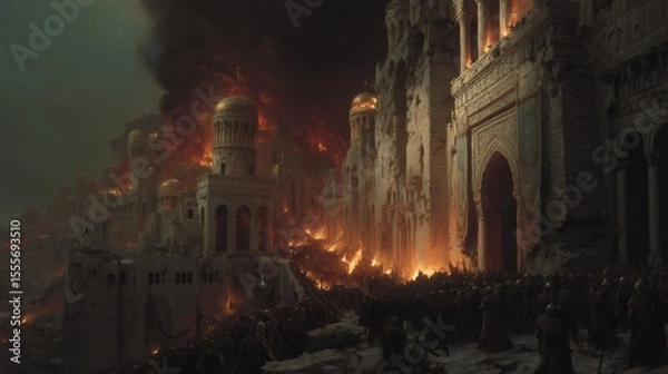 Fototapeta Army marching to conquer burning city at night