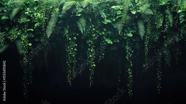Fototapeta Lush green wall covered in exotic ferns and hanging vines. Dark botanical background. Space for text