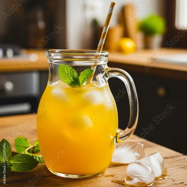 Fototapeta Refreshing lemon juice served with mint and ice in a sunny kitchen