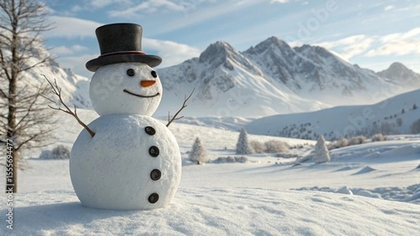 Obraz Photorealistic Snowman in Winter Mountains with Hat and Carrot Nose