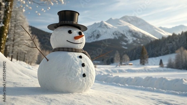 Obraz Photorealistic Snowman in Winter Mountains with Hat and Carrot Nose