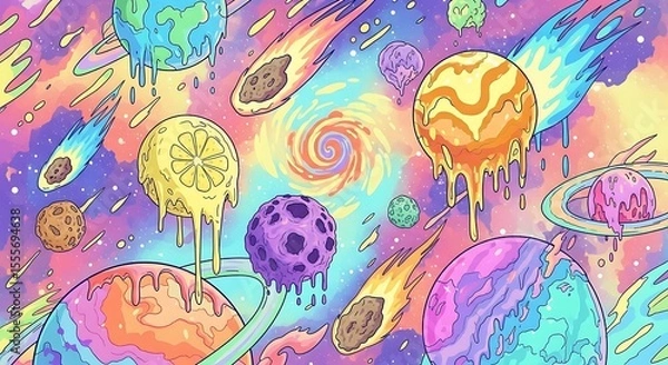 Fototapeta Colorful melting planets and comets floating in a psychedelic space scene