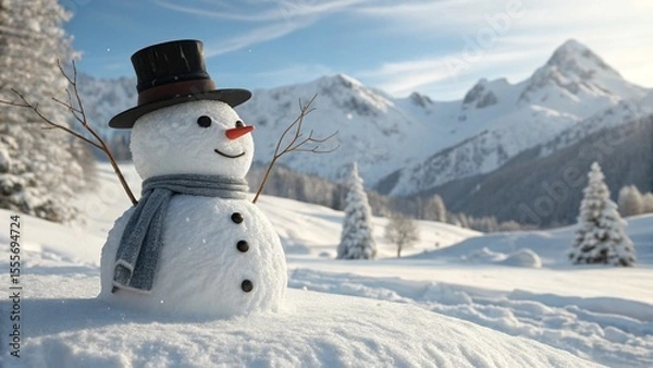 Obraz Photorealistic Snowman in Winter Mountains with Hat and Carrot Nose