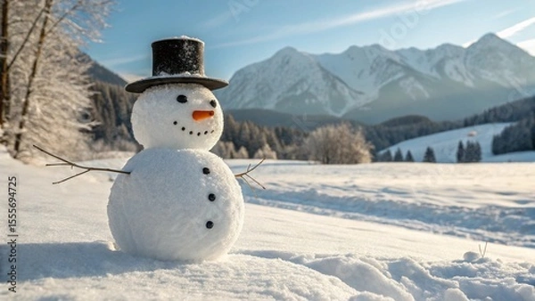 Obraz Photorealistic Snowman in Winter Mountains with Hat and Carrot Nose
