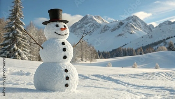 Obraz Photorealistic Snowman in Winter Mountains with Hat and Carrot Nose