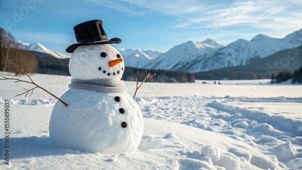 Obraz Photorealistic Snowman in Winter Mountains with Hat and Carrot Nose