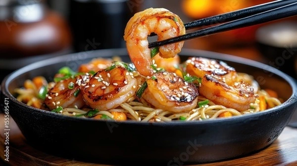 Fototapeta Shrimp and vegetable noodles, brightened by a hint of sesame and fresh herbs.