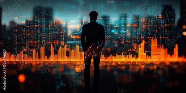 Fototapeta Double exposure image of businessman and stock chart