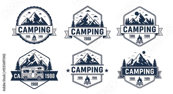 Fototapeta Camping Adventure Logos Collection with Mountains, Campfire, and RV Illustration