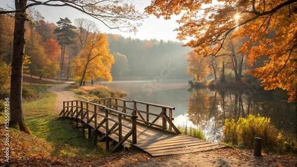 Obraz Autumn Bridge Over Serene Lake Amid Vibrant Fall Forest Colors